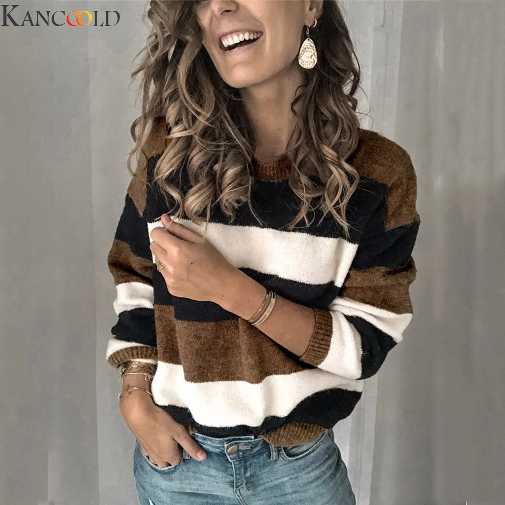 KANCOOLD женские толстые трикотажные свитера в черно-белую полоску с круглым вырезом