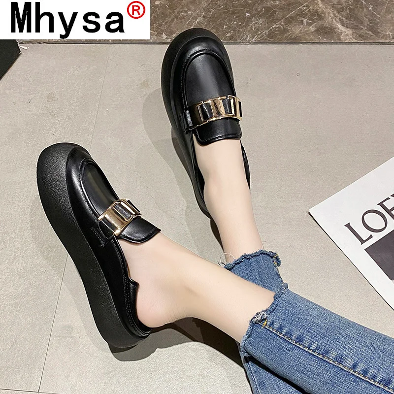 

Summer Slipper for Women Shoes Fashion Flip Flop Platform Muller Shoes 2021 Comfortable Chain Leather Round Toe Women Loafers