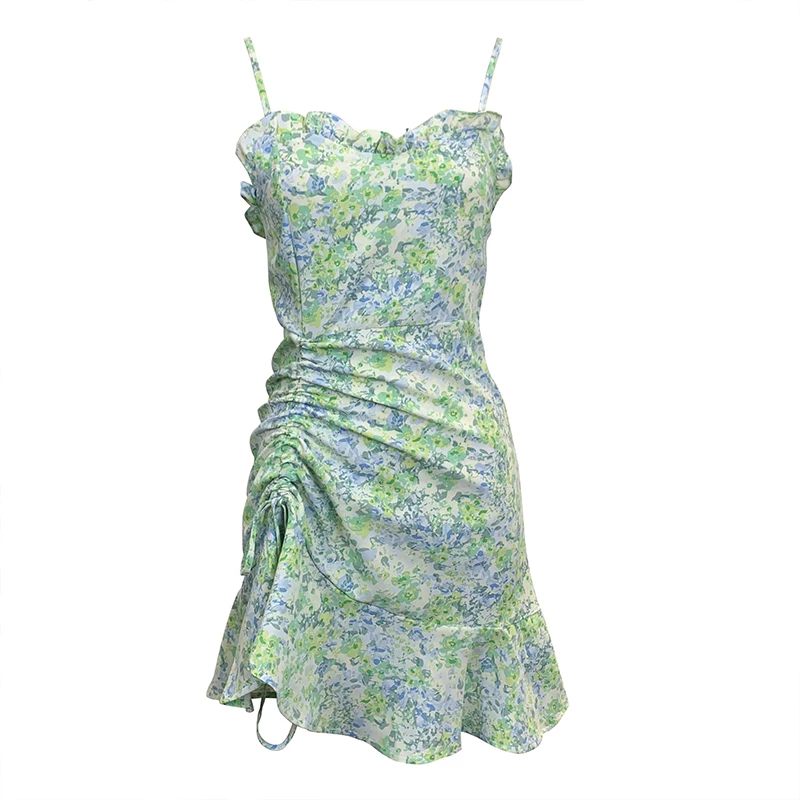 

2021 Summer Sweet Print Lace Ruffled Hip Sling Skirt Female New Casual Floral Slimming Drawstring Pleated Sling Skirt