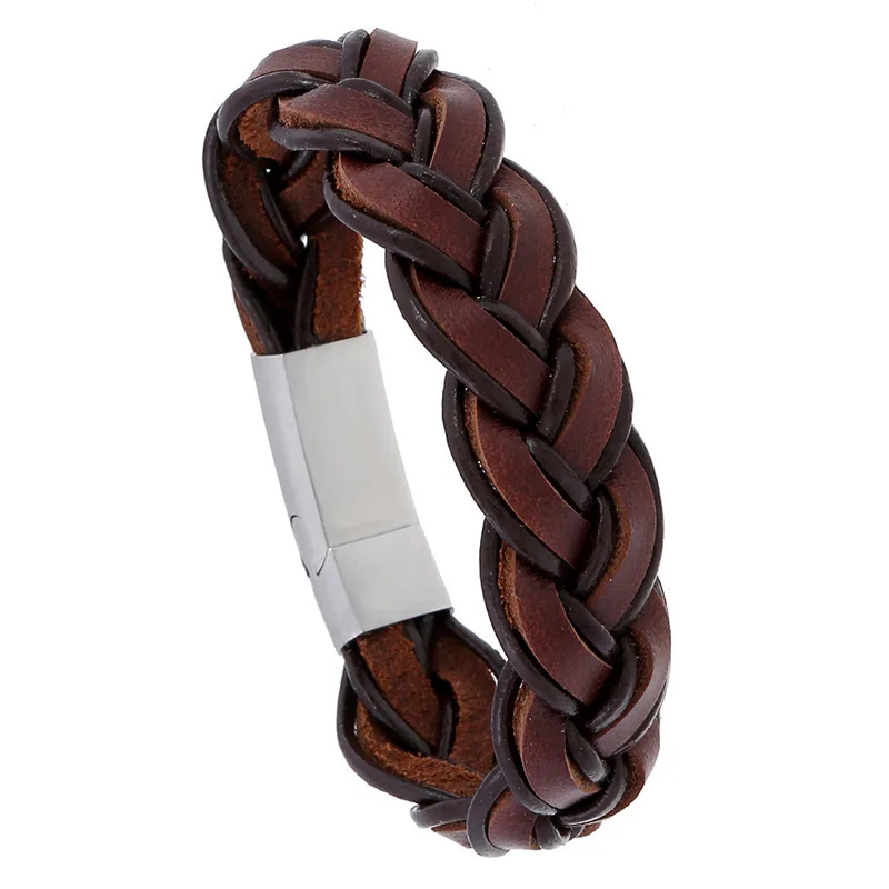

2019 New Design Handmade Braided Genuine Leather Bracelet & Bangle for Men Stainless Steel Fashion Bangles Gifts