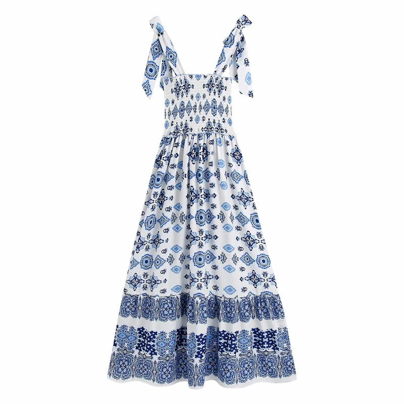 

Summer Women's Casual Printed Bowknot Decorated Slim Sling Dress