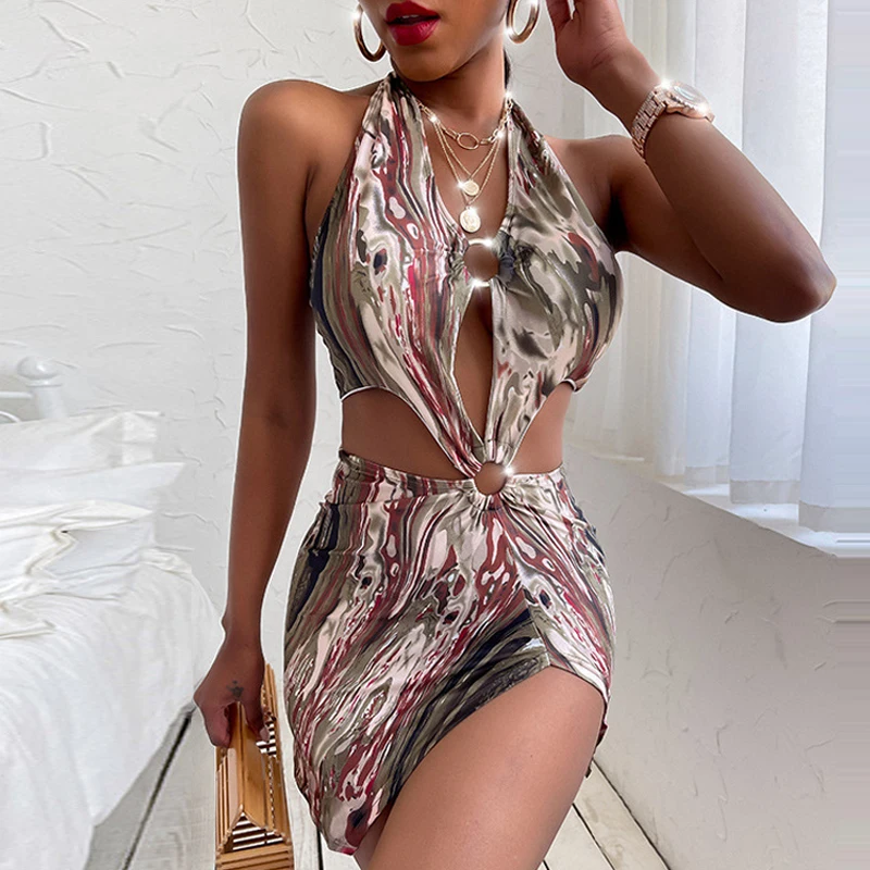 Женский купальник с принтом Цельный лямкой через шею и вырезами пуш ап открытой