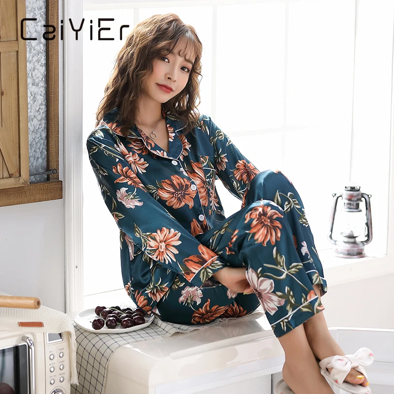 CAIYIER Satin Silk Pajamas for Women's Set Winter Long Sleeve Home Wear Ladies Sexy Tops+Pants  Sleepwear Autumn Home Clothes