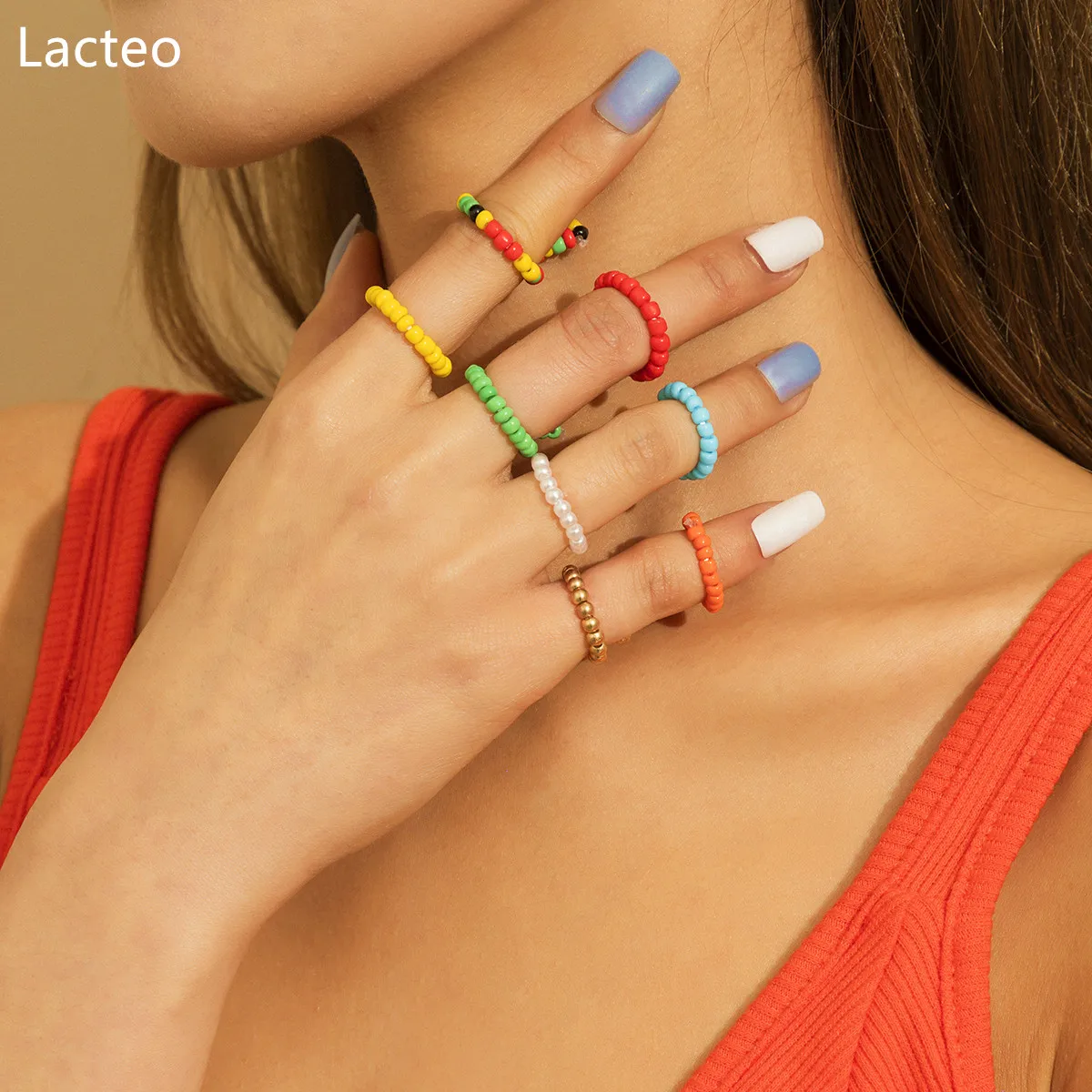 

Lacteo 8Pcs/Set Bohemian Colorful Acrylic Beads Chain Rings For Women Sweet Cute Summer Beach Geometric Round Rings Accessories