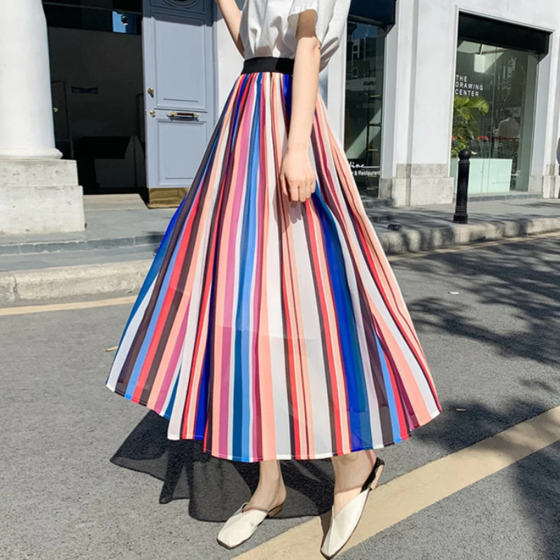 Красочные длинные шифоновые юбки макси в радужную полоску А силуэта до щиколотки