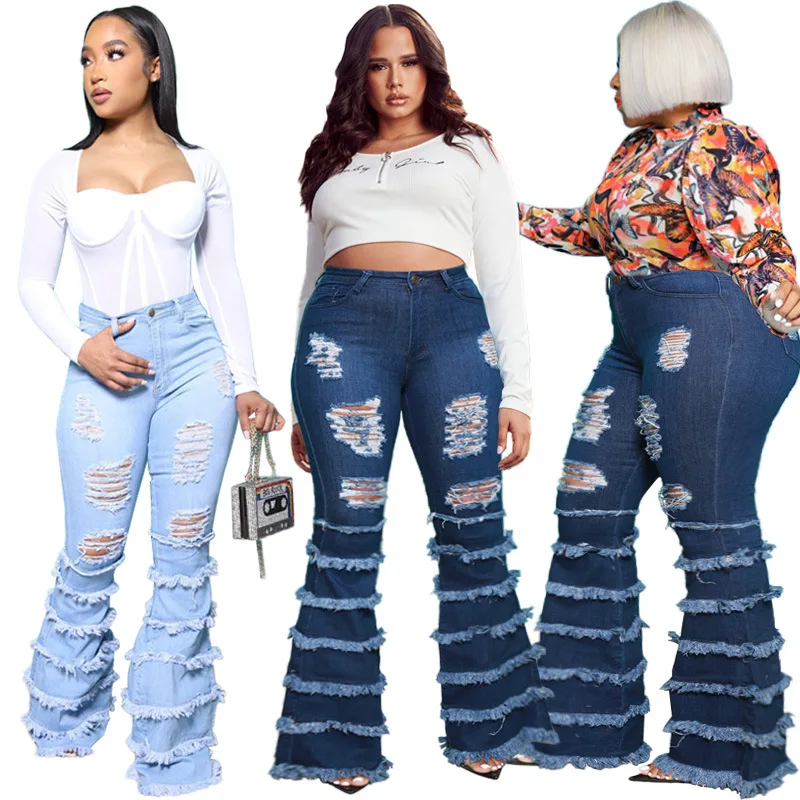 

Fashionable plus size jeans washed with water and ripped tassels New autumn style trousers Slim flared trousers