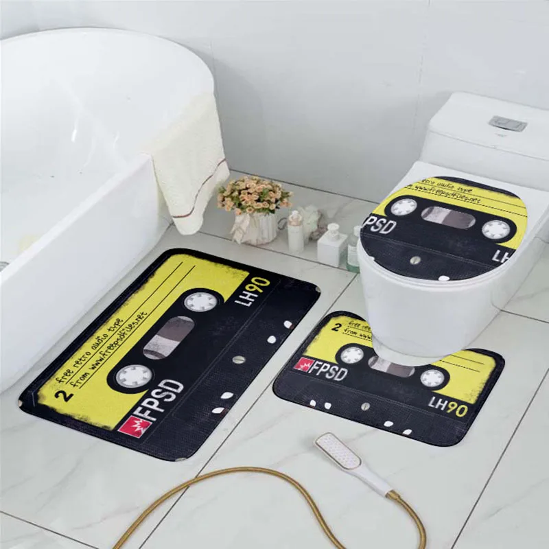 

Bathroom Non-Slip Mat Toilet Cover Set Cassette Music Tape Retro Shower Room Flannel Carpet Bath Entrance Waterproof Door Mat
