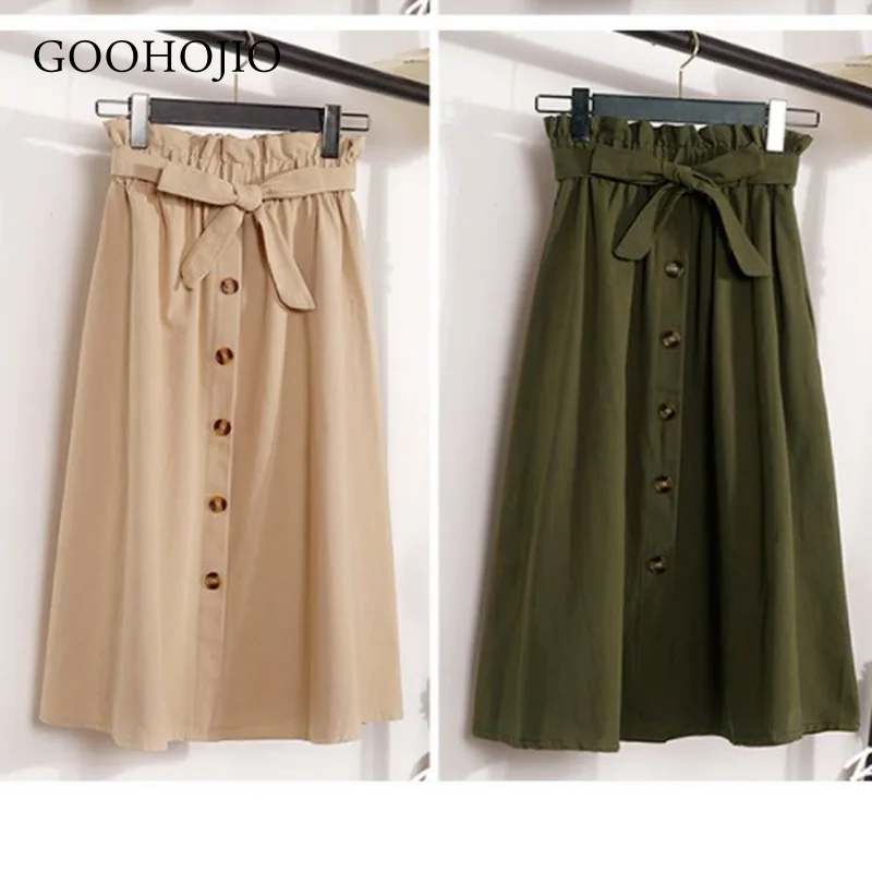 

GOOHOJIO 2021 New Spring Autumn High Waist Skirt Women A-line Solid Color Skirts for Women Women Elastic Band Mid-length Skirt