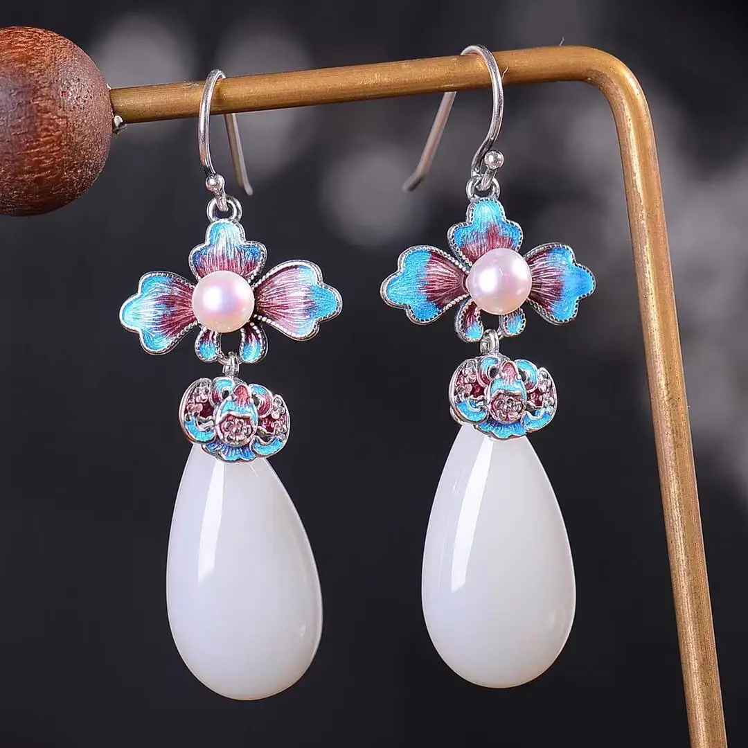 

Natural 925 silver inlaid Hetian jade drop enamel earrings