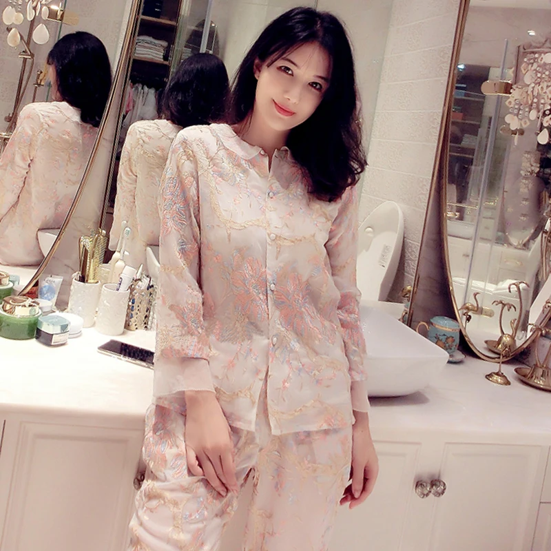 

Spring Autumn Floral Embroidery Silk Women 3 Pieces Pajamas Sets Sexy Lingerie Female Sexy Underwear Homewear