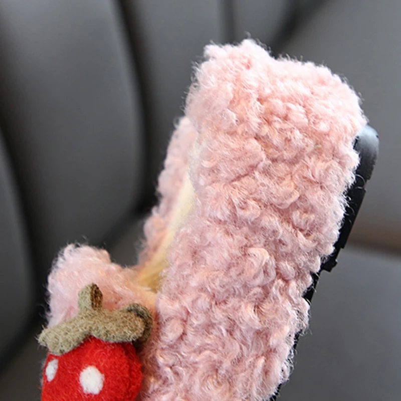 

winter strawberry fur shoes plus velvet children peas shoes warm baby first walker shoes girls princess warm shoes
