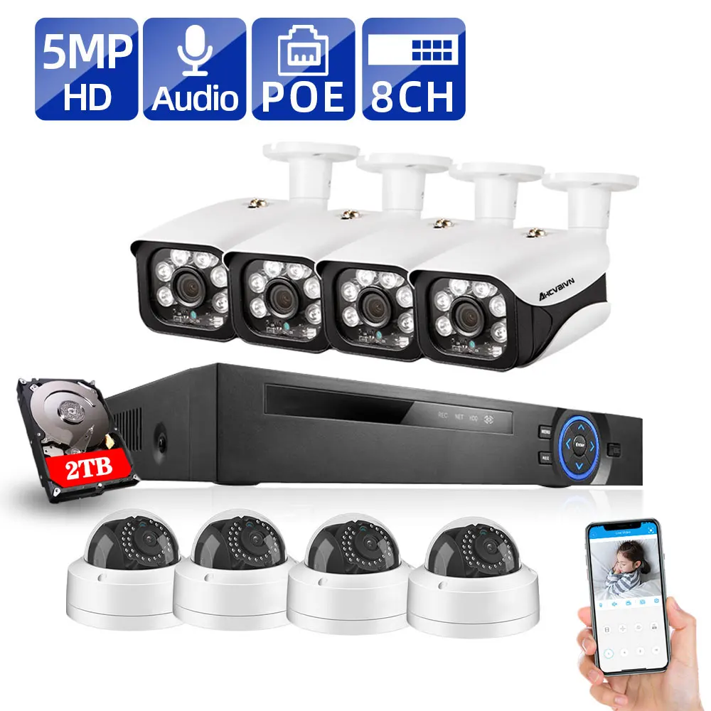 

8CH 5MP Wireless NVR POE Security 8 pcs Bullet&Dome IP Camera System IR-CUT P2P CCTV Video Surveillance Recorder Kit Face Record