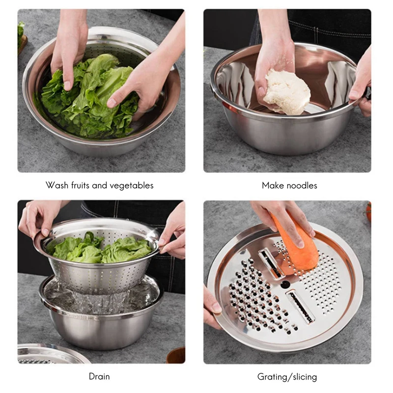 

Drainer Vegetable Slicer,Stainless Steel Drain Basket Vegetable Cutter, 3 in 1 Kitchen Multipurpose Salad Maker Bowl