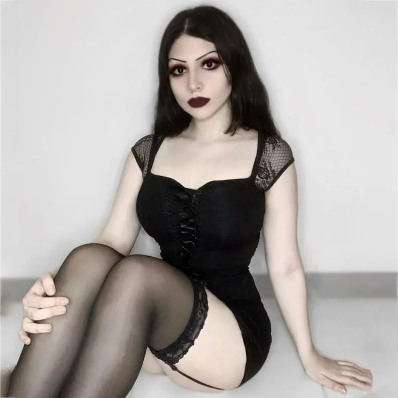 InsGoth Vintage Tops Goth T-shirt Women Bodycon Bandage Lace Black T-shirts Gothic Streetwear Sexy Female Top Casual Mesh Tee