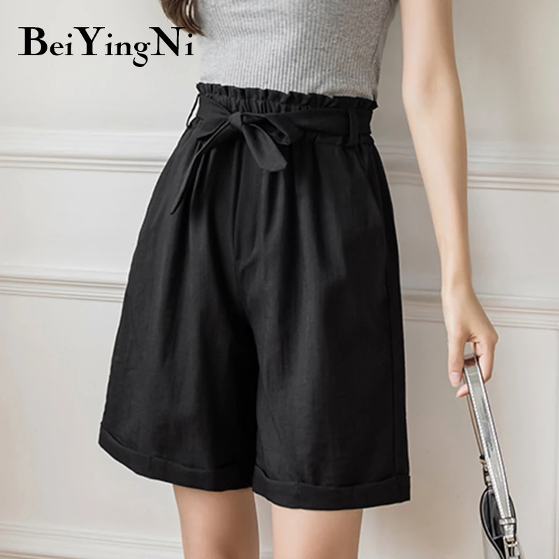 

Beiyingni Shorts Ladies High Waist Straight Pants Thin Harajuku Korean Style Wide Leg Shorts Women Lace-up Pockets Shorts Womans