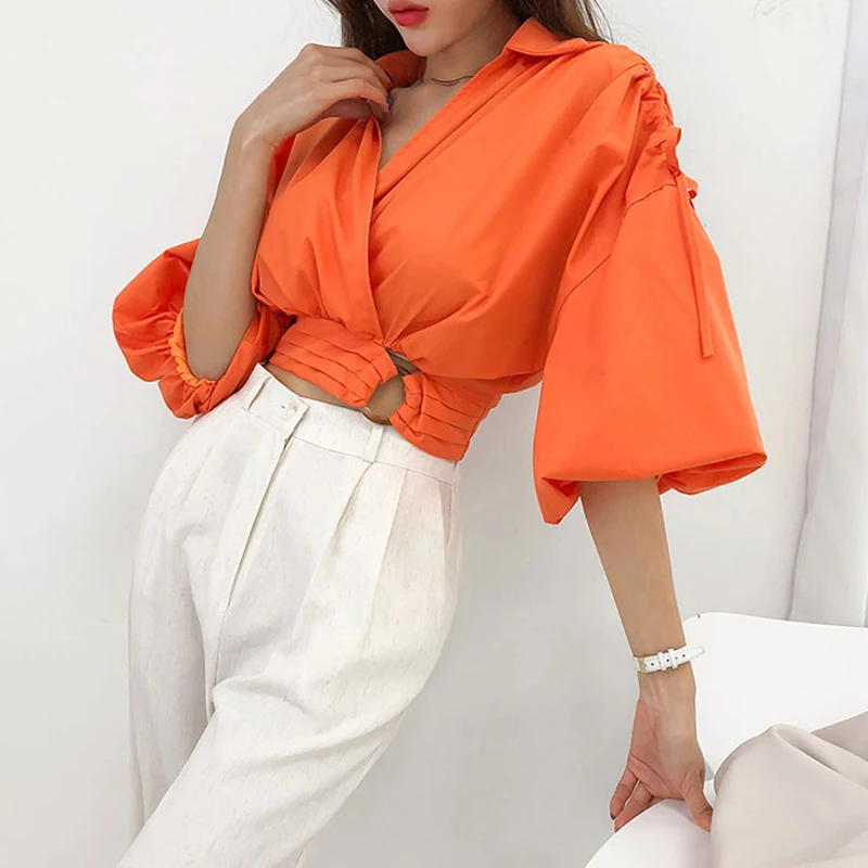 

Female Pullover Blouses For Women V Neck Puff Half Sleeve Hollow Out Casual Shirts Summer Clothing Fashion New