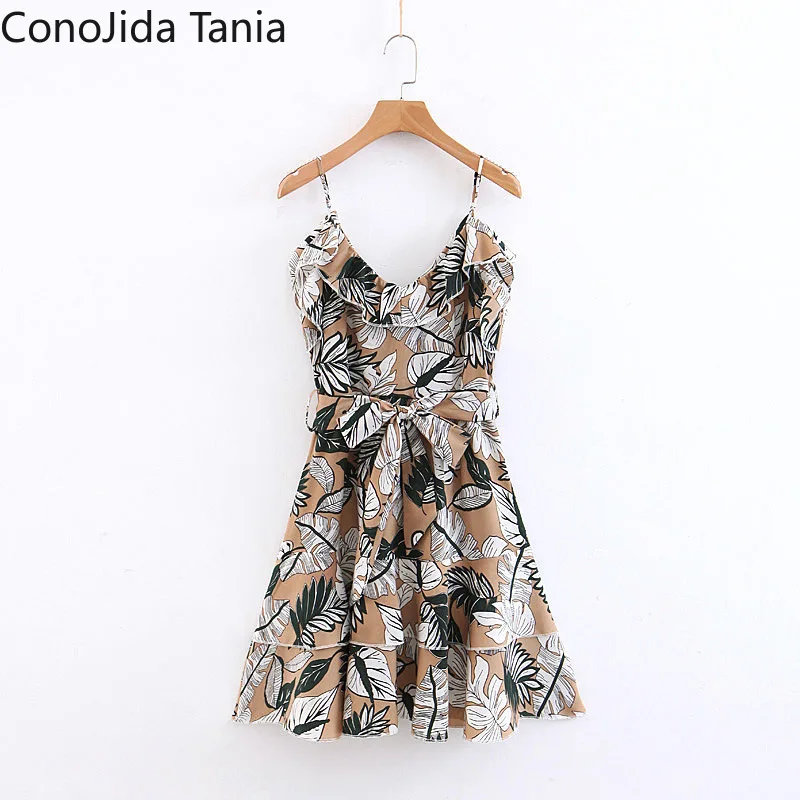 

Женское летнее платье в евро-американском стиле, новинка 2021, короткое Кружевное Платье с принтом листьев и воланом, с лямкой на шее