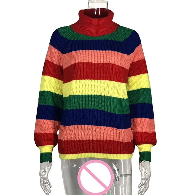 Женский зимний Радужный полосатый свитер с высоким воротом большие размеры
