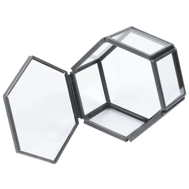 

Geometrical Clear Glass Jewelry Box Jewelry Organize Holder Tabletop Succulent Plants Container Home Jewelry Storage-Black