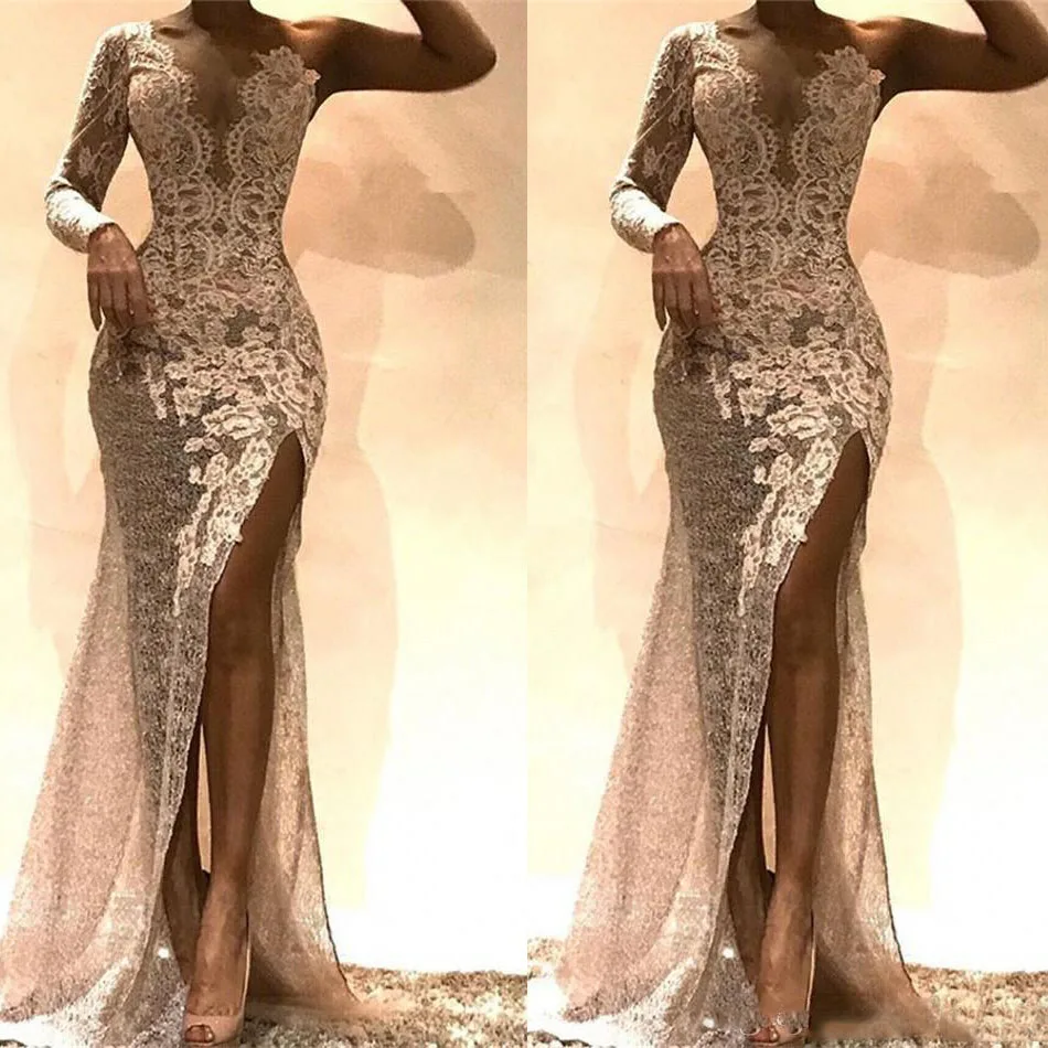 

One Shoulder Full Lace Mermaid Long Prom Gown Formal Dresses With Front Split Long Sleeve Lace Backless Sexy Evening Party Dress