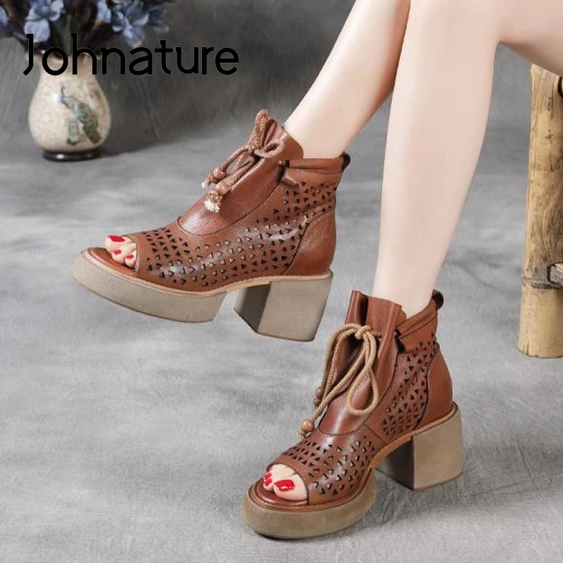 

Johnature 2021 New Shoes Women Sandals Genuine Leather Lace-Up Retro Handmade Hollow Spring Summer Platform Ladies Sandals