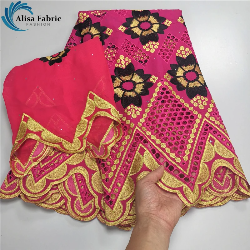 

5+2 Yards With Scarf Fabric Latest Embroidery African 100% Cotton Swiss Voile Lace Fabric With Stones Popular Dubai Style Fabric