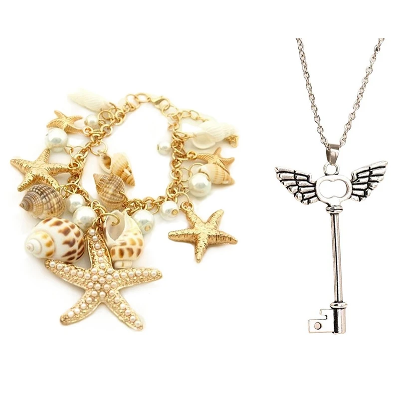 

Ocean Style Starfish Sea Star Conch Shell Chain Bracelet with Angel Wings Key Pendant Long Chain Necklace Jewelry