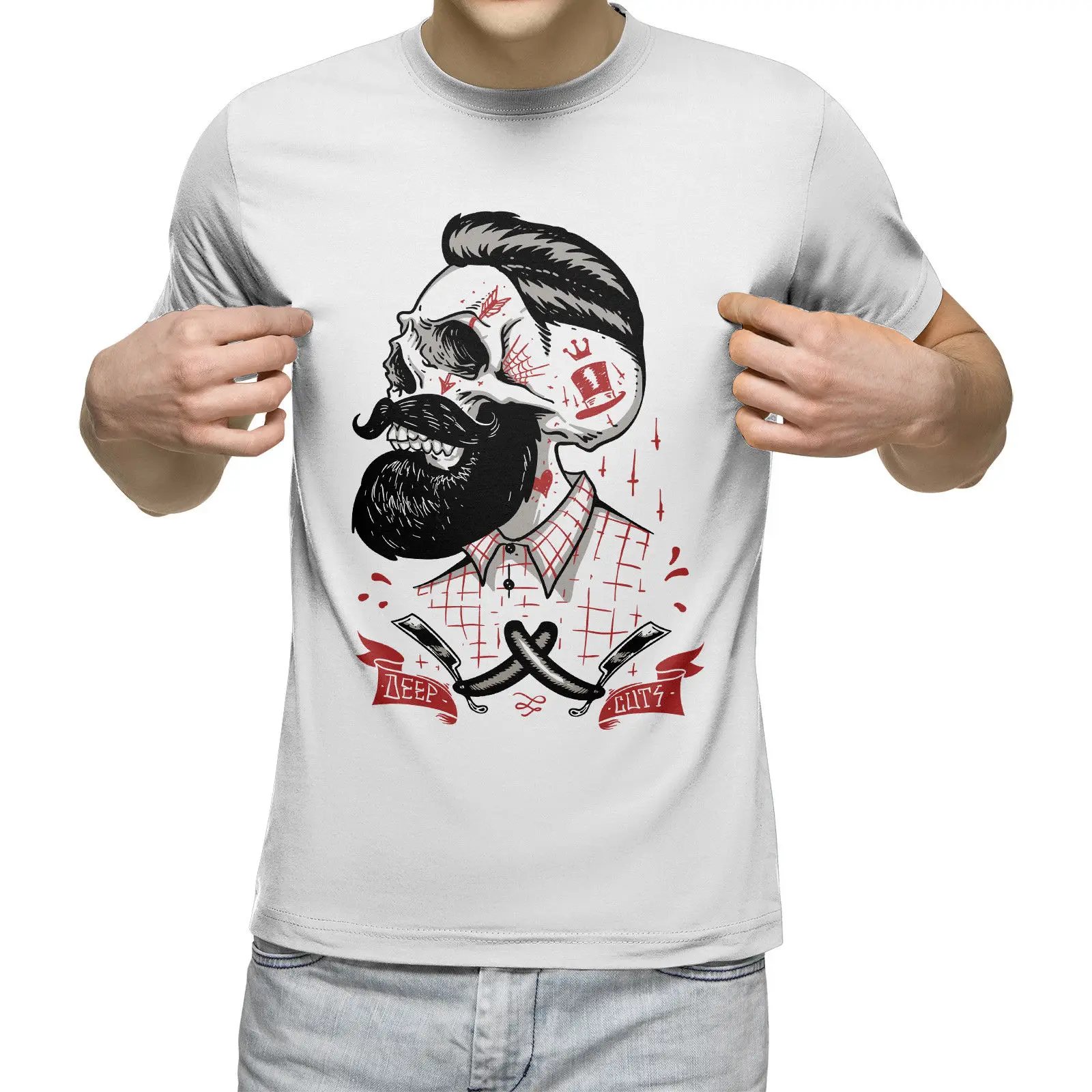 Глубокий вырез барберс Футболка Борода подарок папа череп хэви метал панк