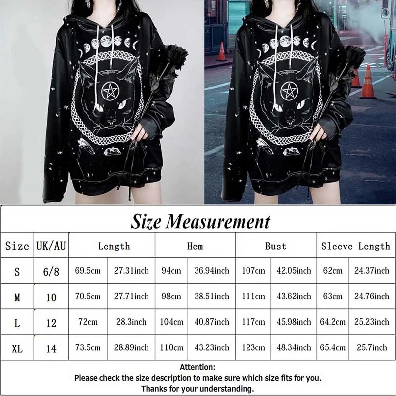 

Fashion Gothic Cat And Moon Print Hoodies Women Sweatshirt Casual Loose Long Sleeve Oversize Hoodies Black Outfit Top Tracksuit
