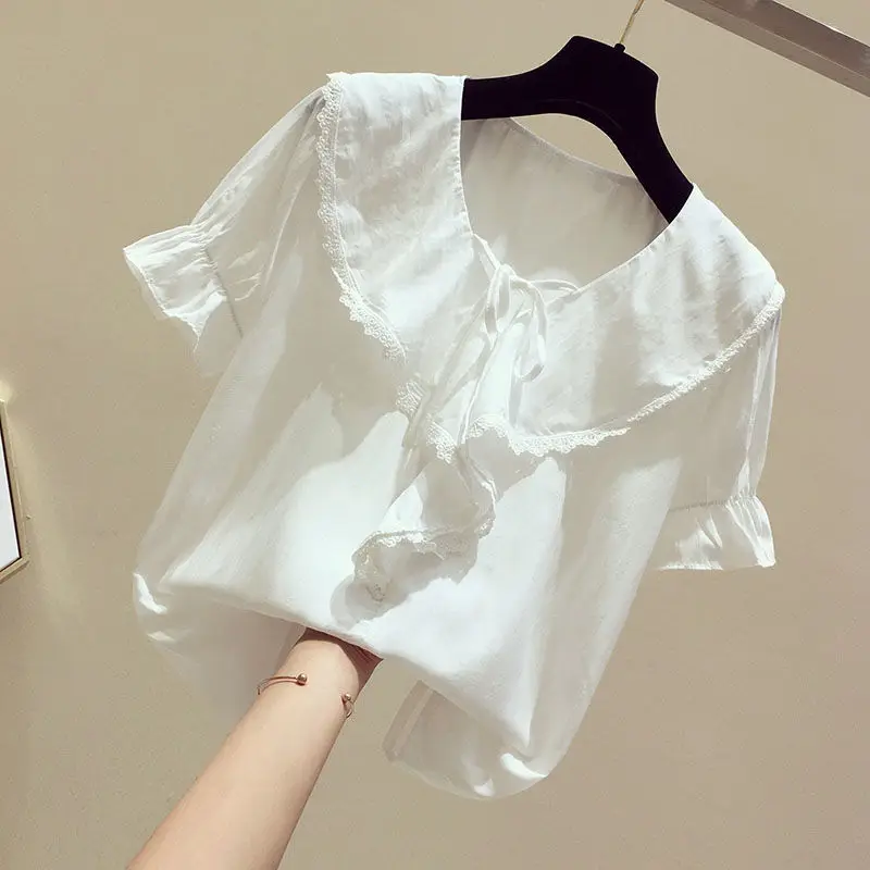 

Korean New Fashion Short Sleeve Clothing Solid Shirt Women Blouse Summer Womens Tops and Chiffon Blouses Blusas Mujer 2021 Y746