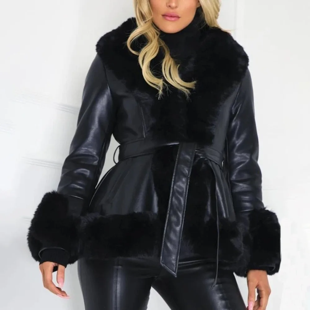 

Куртка из искусственной кожи женская, теплая зимняя утепленная Повседневная приталенная черная верхняя одежда из искусственного меха, на ш...