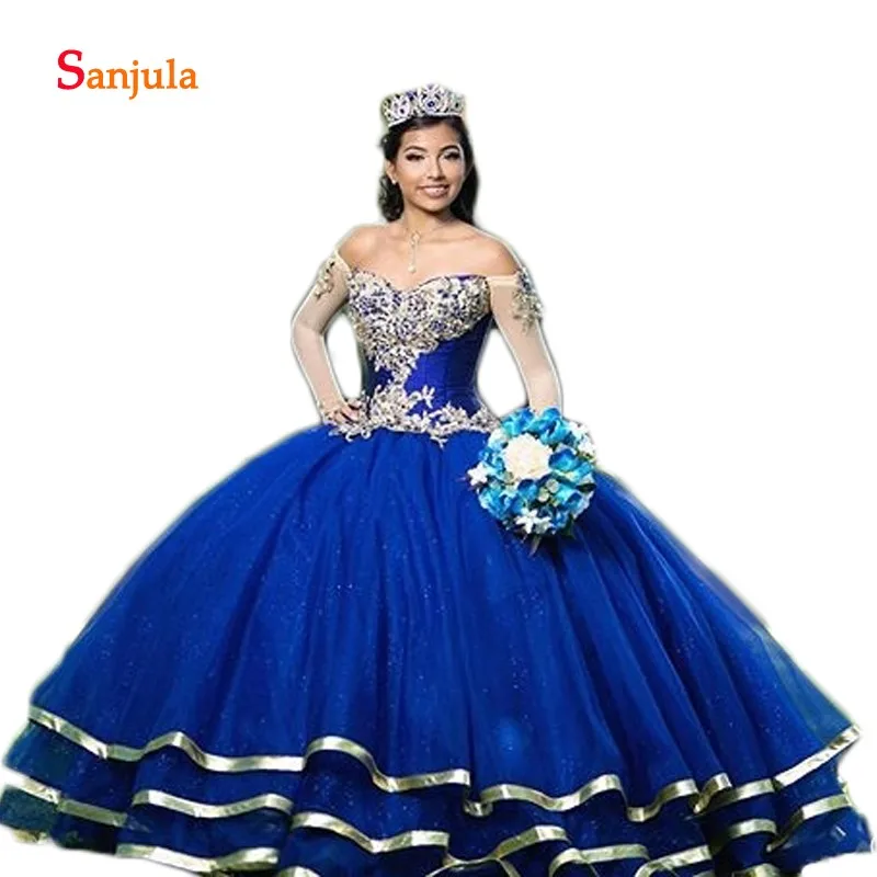 Ярко-синий тюль бальное платье без бретелек Quinceanera платье с открытыми плечами сладкий 16 платье с длинными рукавами и золотым платья с аппликацией D1131