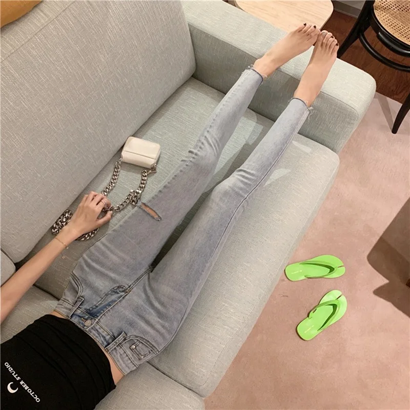 

2021 Slim Wash Cowboy Streetwear Long Pencil Pant Female Trousers Women High Waist Elastic Skinny Jeans Korean Style Denim Pants