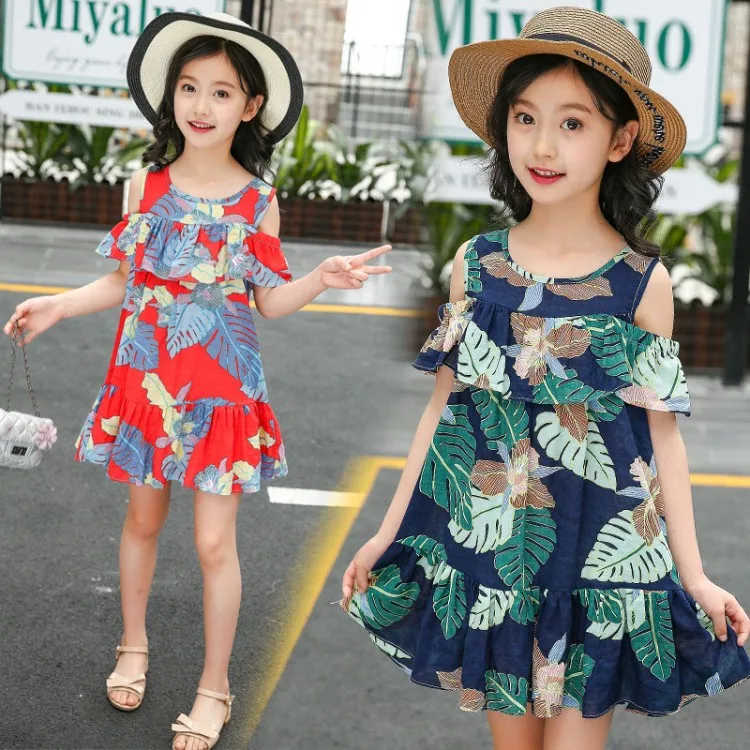 

Children Girls dress Summer Kids girl Leaves Off Shoulder Princess Dresses Baby New Fashion Teen Clothes