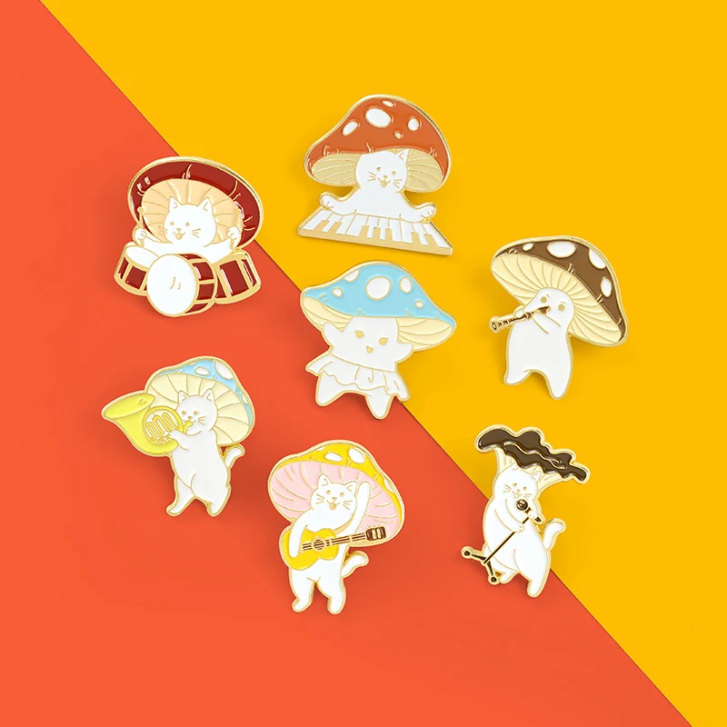 

Mushroom Enamel Lapel Pins Cat Playing Music Brooches Dacing Cat Badges Guitar Drum Saxophone Electronic Organ For Women Jewelry