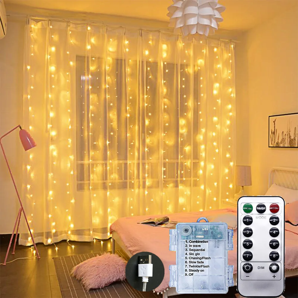 

Upgraded 3x3m 300LED Icicle Curtain Fairy LED String Light Remote 8 Modes Decorated Wedding Home Window Party Christmas Light