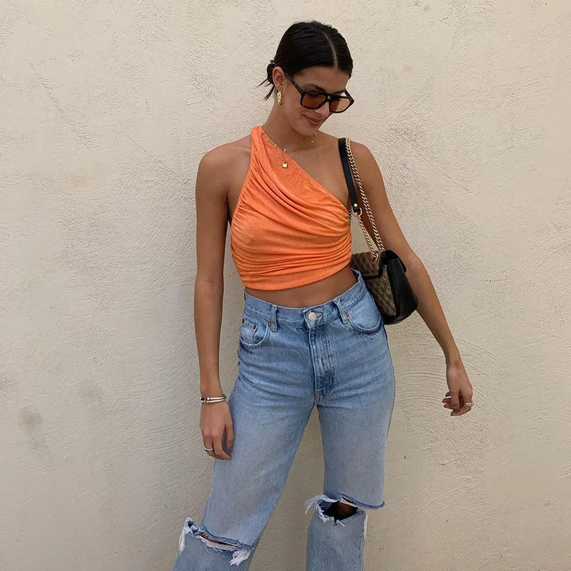 

2021 New One Shoulder Crop Top Women Sexy Sleeveless Ruched Tank Top Summer White Black Blue Orange Plain Short Tanks Camis