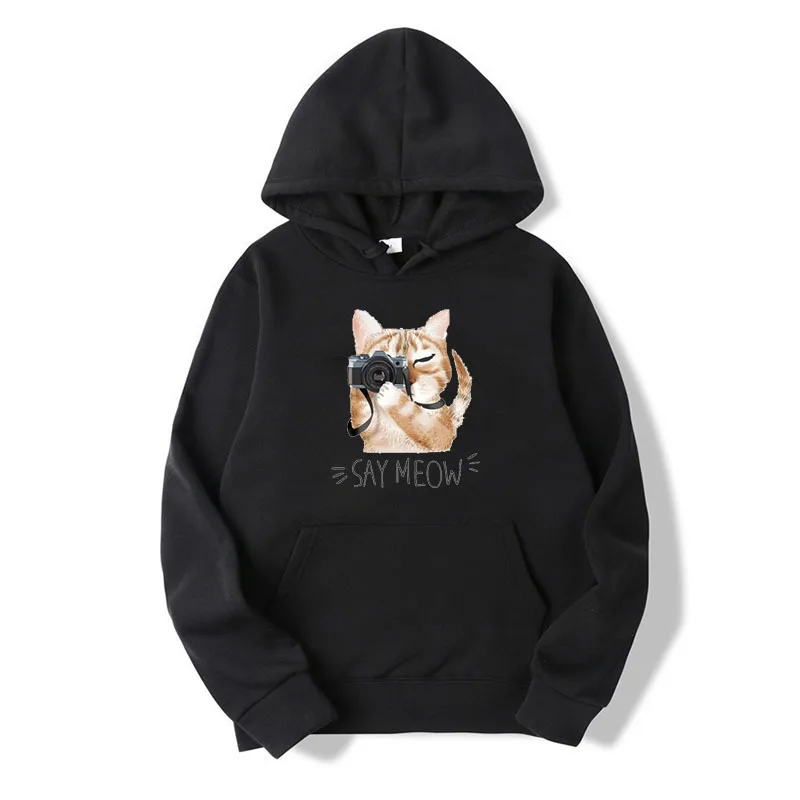 

Women Hoodie Camera Cat Printed Hoodies Women Fleece Long Sleeve Loose Sweatshirt with Hat Girls Pullovers Winter