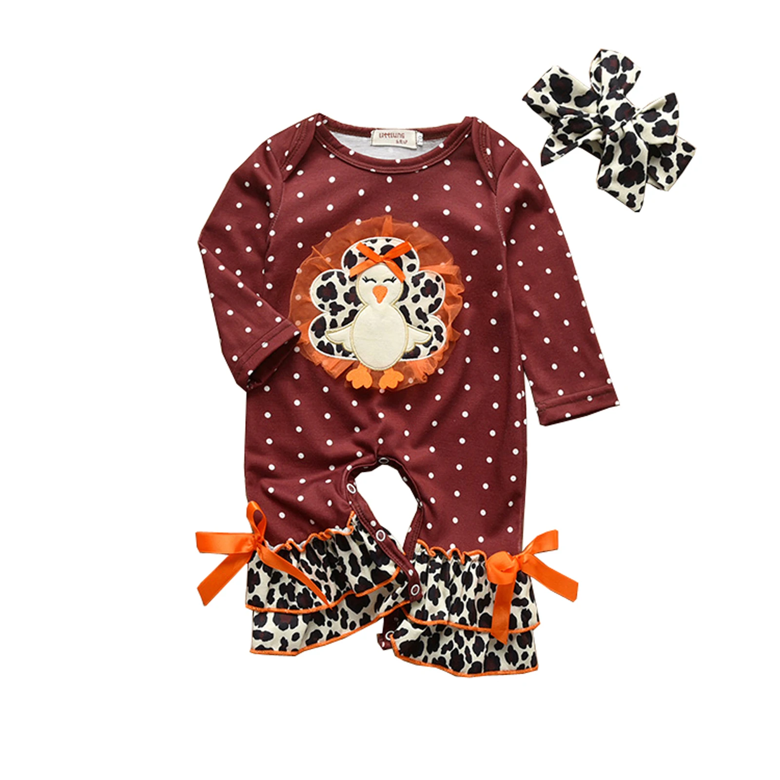 

Infant Thanksgiving Long Sleeve Jumpsuit Bow Headband Cartoon Turkey Print Ruffle Spring Children's Clothing Rompers Overalls