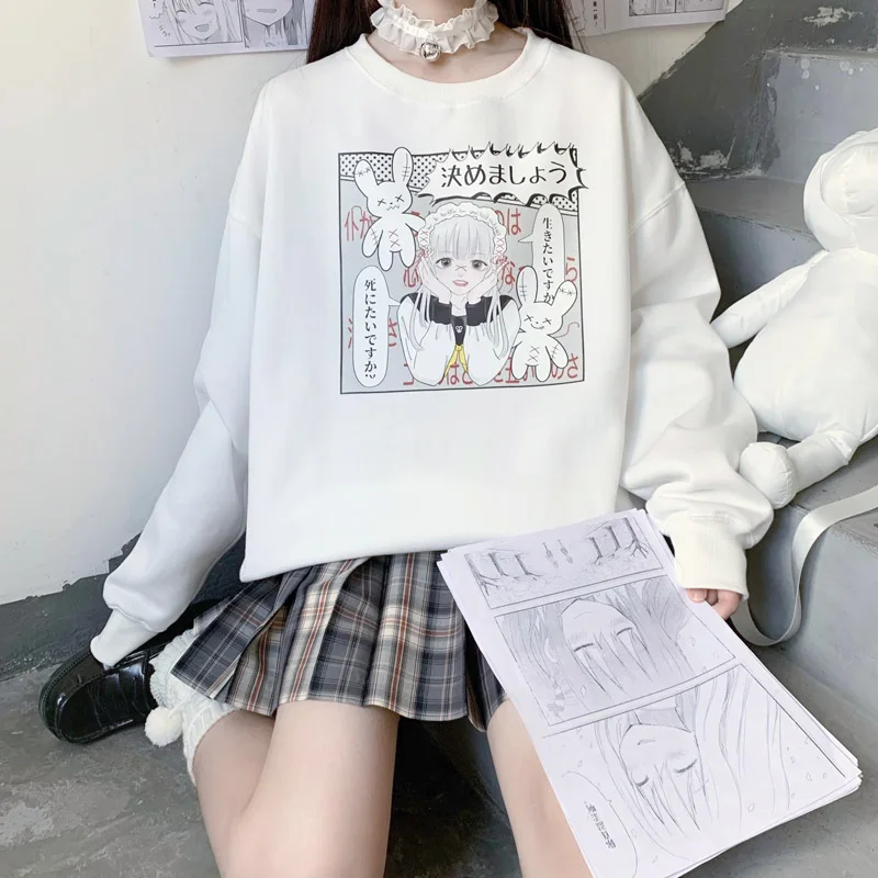 

Cute Girl Bunny Doll Pattern Print Thicken Hoodies Girl Japanese Soft Sister Sweet Loose Pullover Female Base Shirt Student Tops
