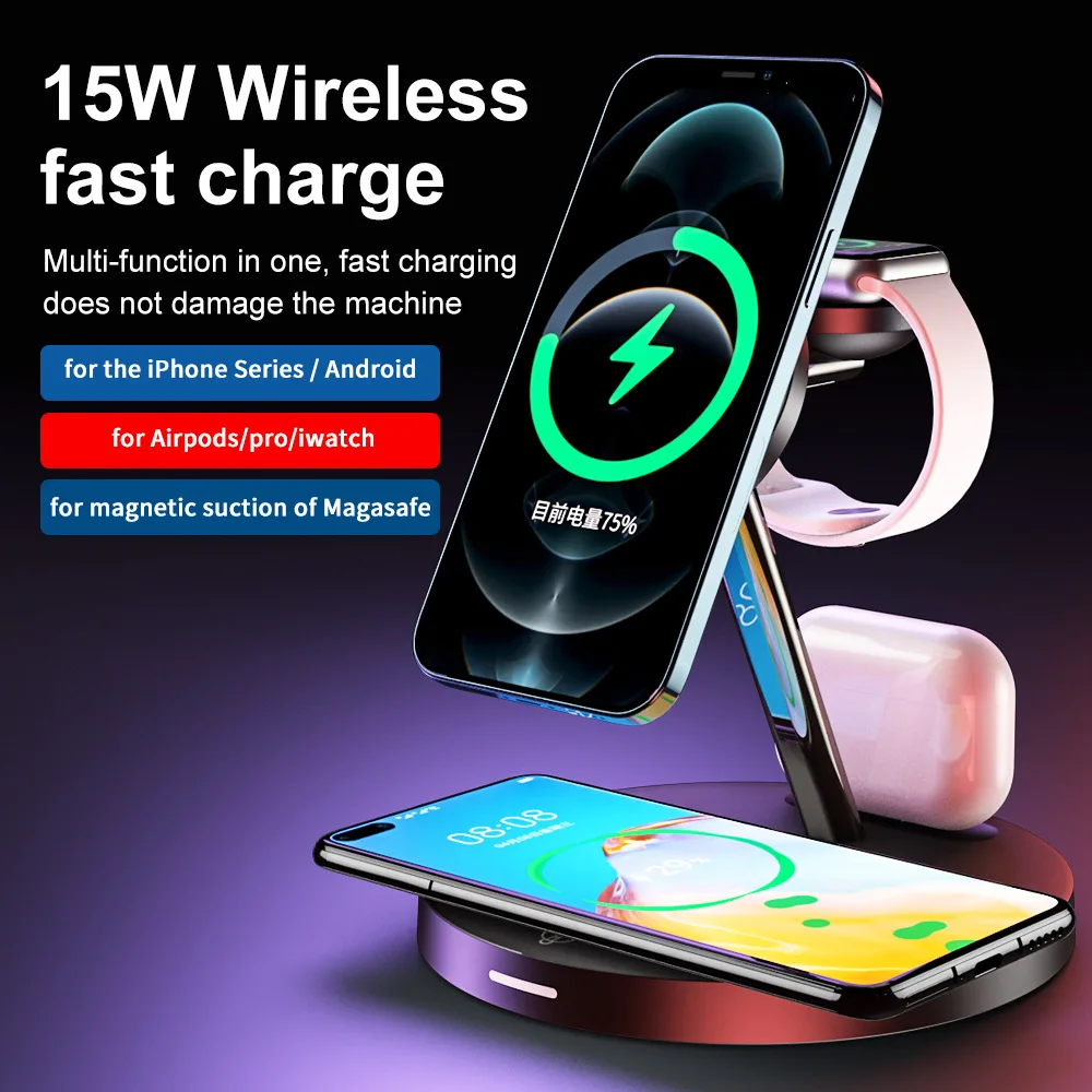 

Магнитная Беспроводная зарядная подставка 3 в 1 для iPhone 13 Macsafe, держатель для зарядного устройства для Apple watch 2, 3, 4, 5, 6, для AirPods Pro