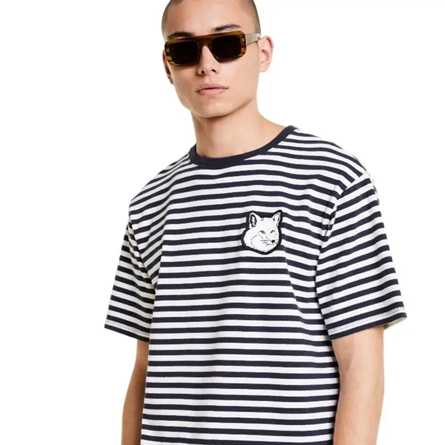 21 summer new style casual refreshing black white stripes embroidered fox head O neck versatile lovers short sleeve T-shirt