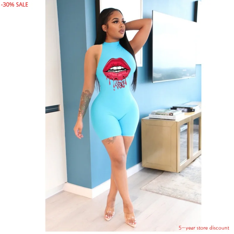 Повседневный комбинезон с принтом губ короткие комбинезоны без рукавов круглым