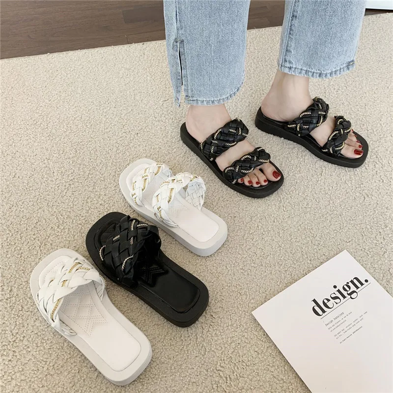 

Shoes Low Slippers Women Summer Pantofle Square Toe Slides Flat 2021 Soft Rome Casual PU Basic Concise Leisure Slippers Women Su