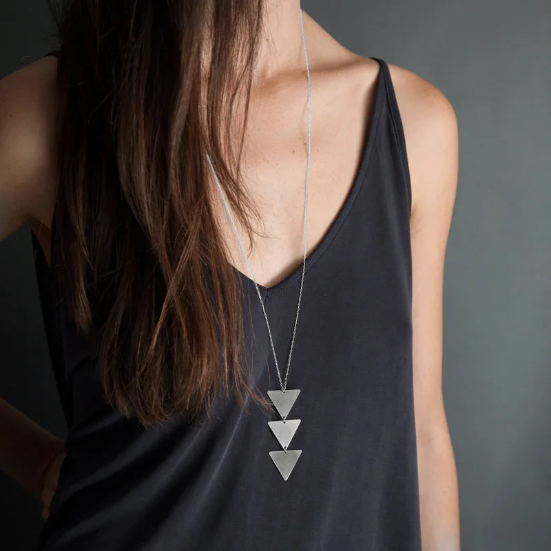

Geometric Long Pendant Necklace For Women Simple Layer Three Triangle Tassel Y Charm Necklaces Silvery Punk Bar Fashion Jewelry
