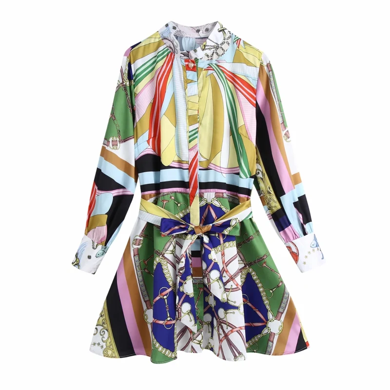 

Vintage Chic Contrast Colors Chains Print Patchwork With Sashes Mini Dress Women 2021 Fashion Stand Collar Dresses Vestidos
