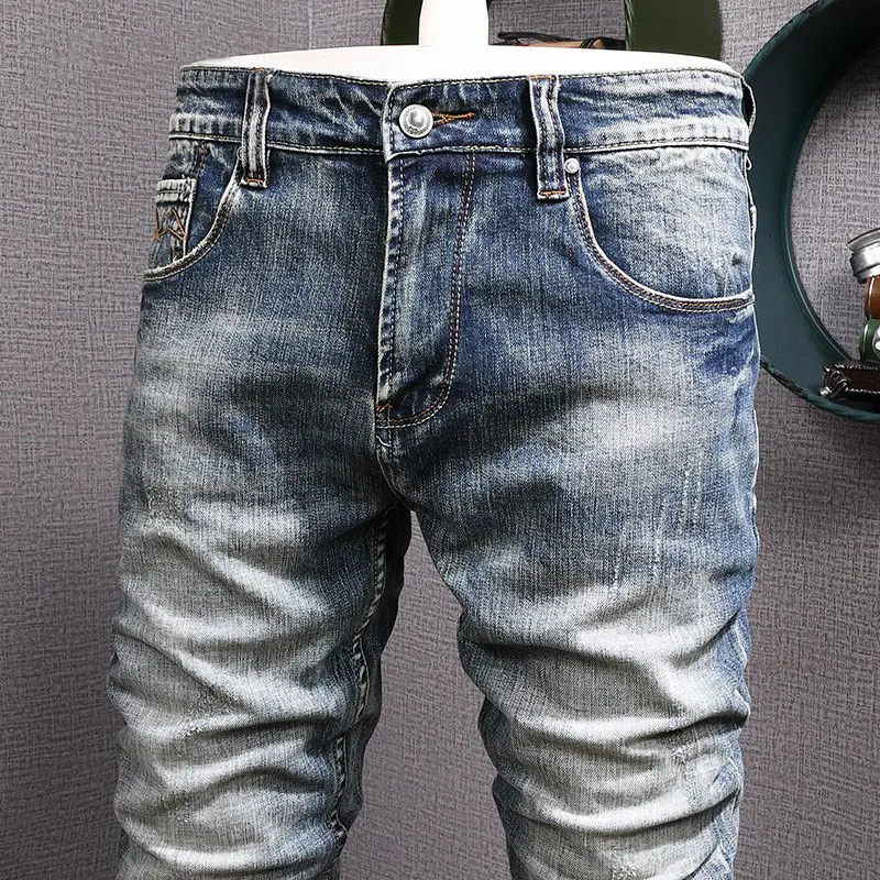 European Vintage Fashion Men Jeans Retro Blue Elastic Slim Fit Ripped Jeans Men Distressed Scratch Designer Casual Denim Pants