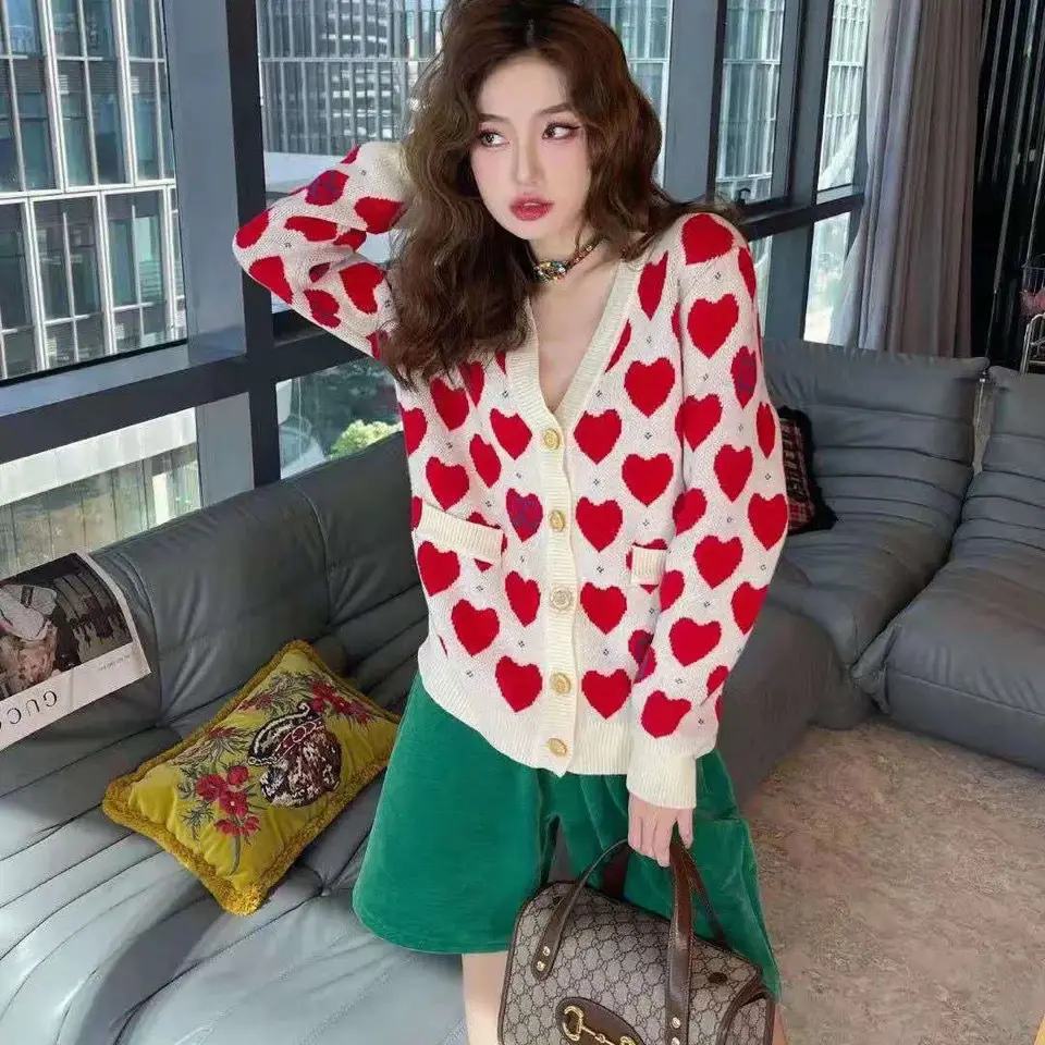 Autumn Winter Women Cardigan Long Sleeve Red Love Print V Neck Couple Knitted Sweaters Soft Warm Sweet Girl Casual Jacket Coats