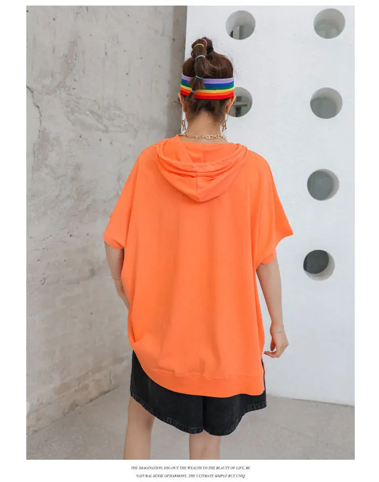 

Vefadisa Hooded Letter Print T-shirt Women 2021 Summer Short Sleeve T-shirt Loose Plus Size Women T-shirt Casual QYF5338