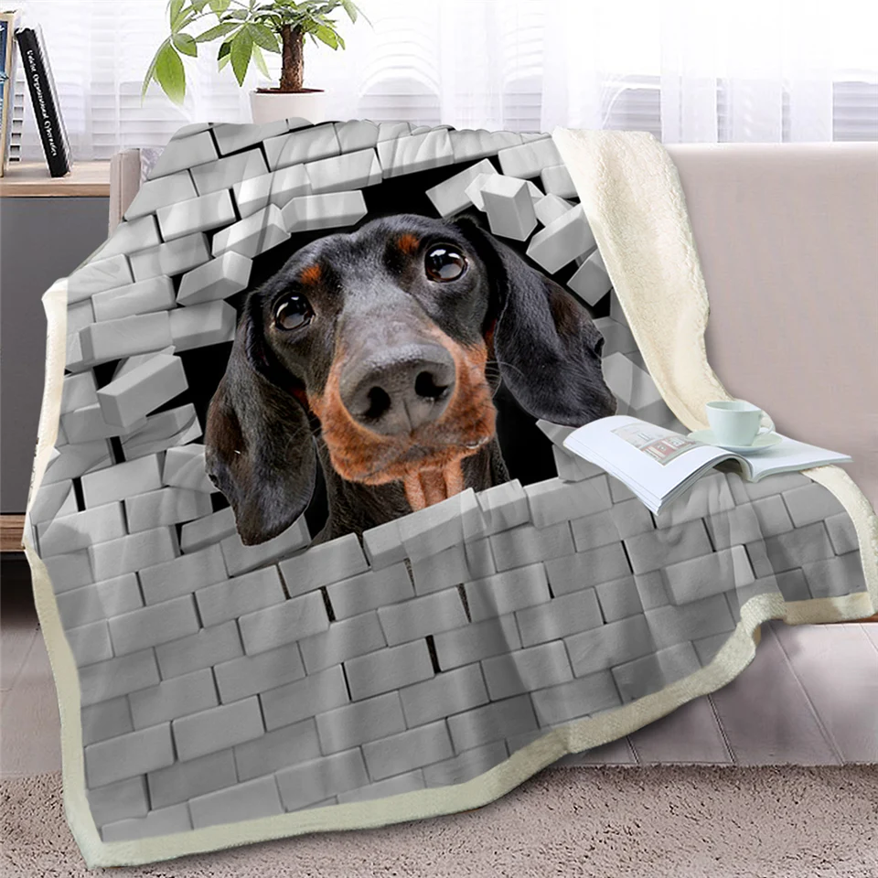 

3D Animal Dachshund Throw Blanket on Bed Dog Plush Sherpa Blanket Bulldog Bedspread Cracked Bricks Wall Thin Quilt